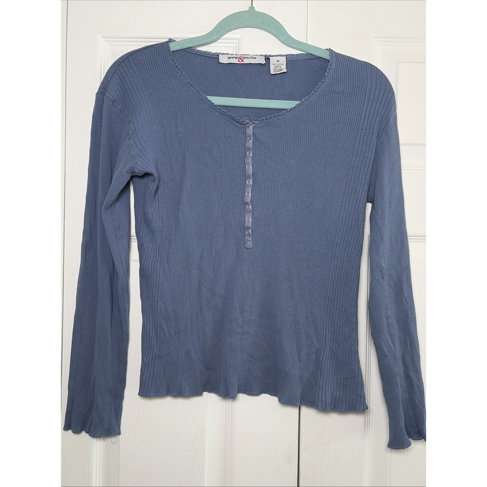 George & Martha Ribbed Henley Top Womens Size M Blue Y2K Lace Trim Cotton Shirt